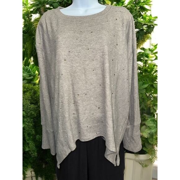 Democracy 3X Sweater Brown Beads Soft Rayon Asymmetric Hem Crew Neck Long Sleeve - Picture 2 of 5